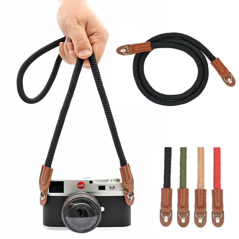 Eorefo Camera Rope Strap 100cm Soft Cotton Camera Strap Vintage Neck Shoulder Belt Strap for Mirrorless and DSLR Camera. (Black) - Image 1